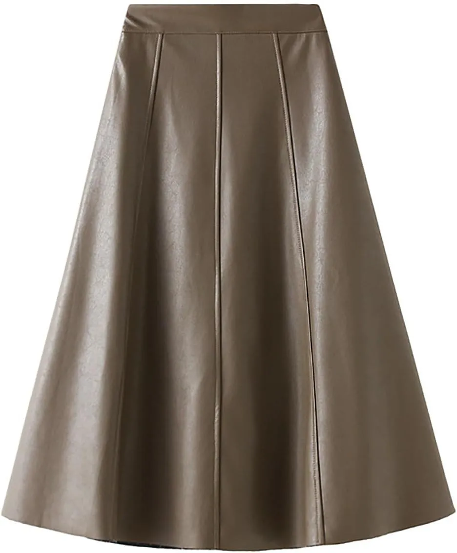 Women's Casual A-Line Flare Pleated Faux Leather Skater Skirts 50s Vintage Skirt Knee Length Ruched Flowy Midi Skirt