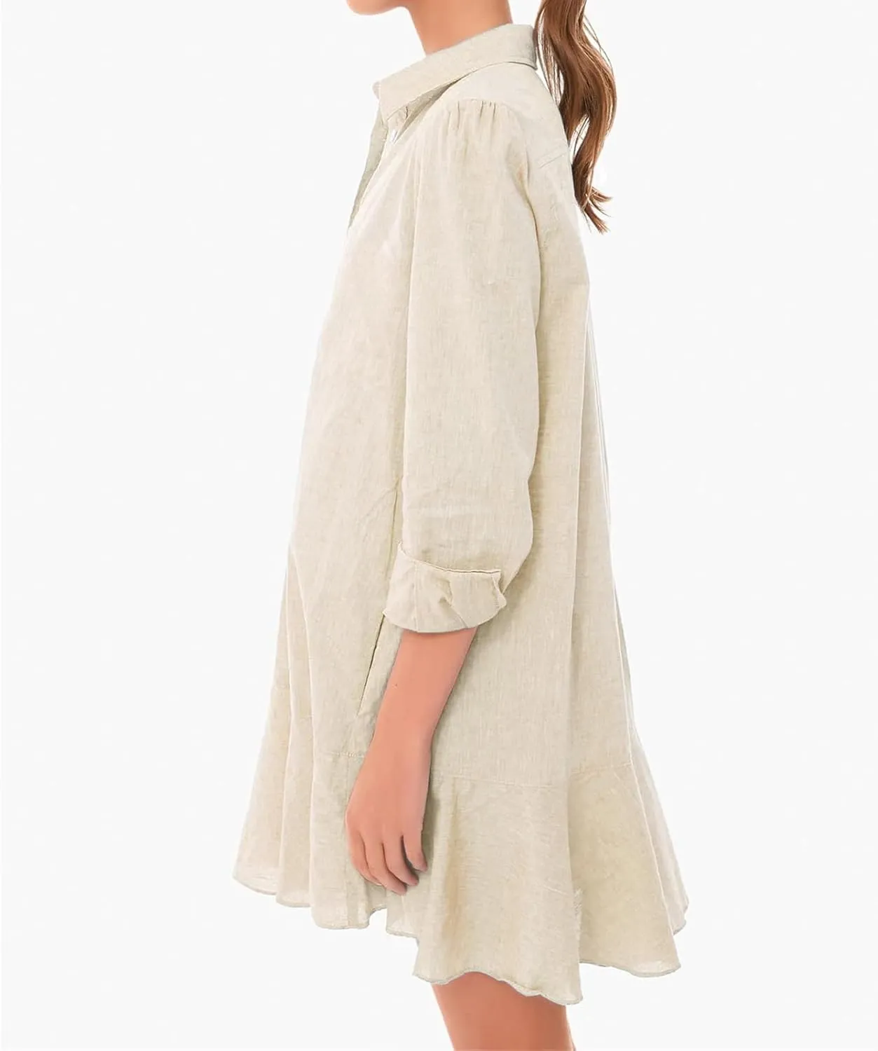 Womens Casual Dress Loose Lapel Button Down Long Sleeve Mini Dresses Trendy Flowy Solid Ruffle Hem Beach Sundress
