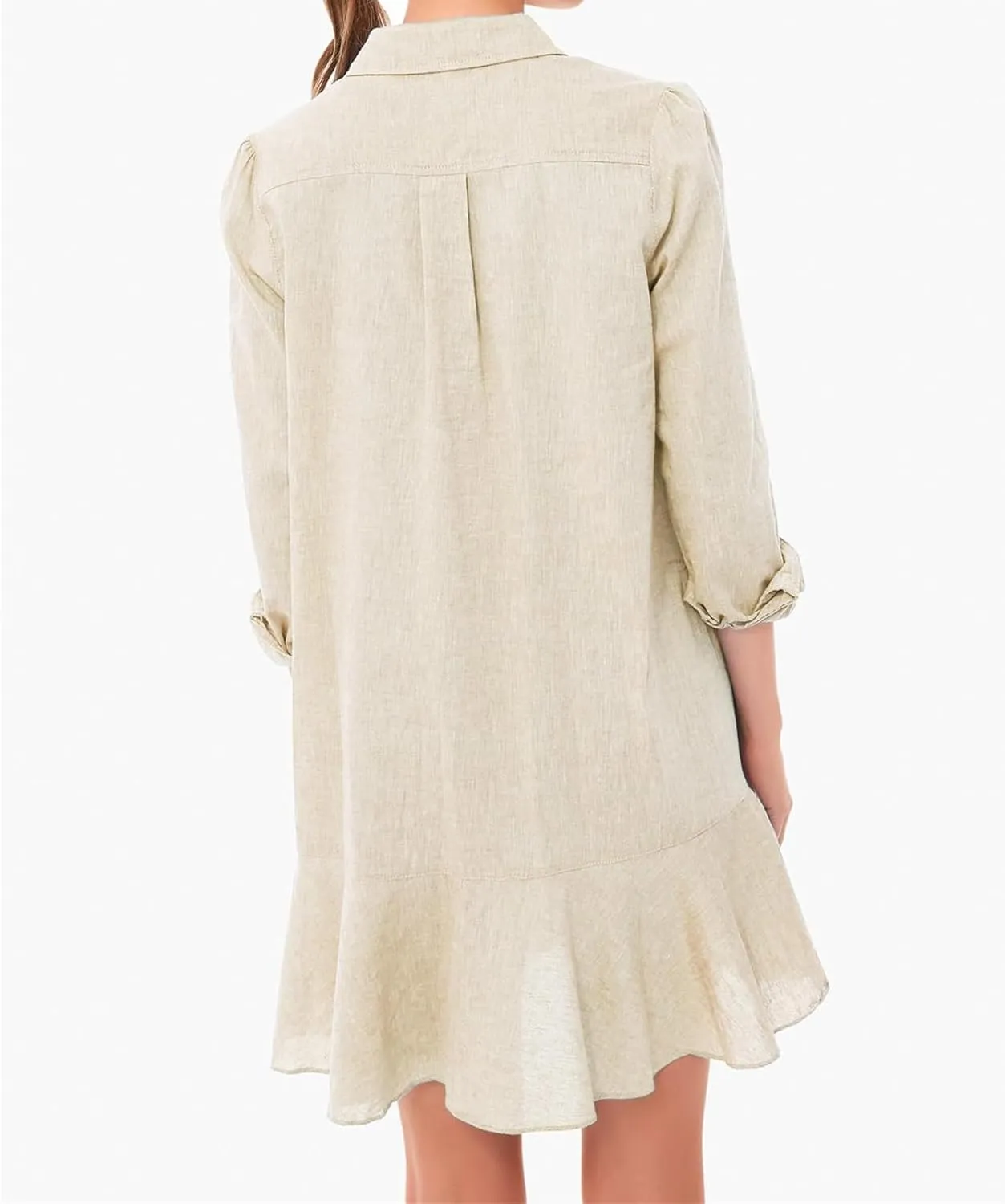 Womens Casual Dress Loose Lapel Button Down Long Sleeve Mini Dresses Trendy Flowy Solid Ruffle Hem Beach Sundress