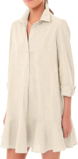 Womens Casual Dress Loose Lapel Button Down Long Sleeve Mini Dresses Trendy Flowy Solid Ruffle Hem Beach Sundress