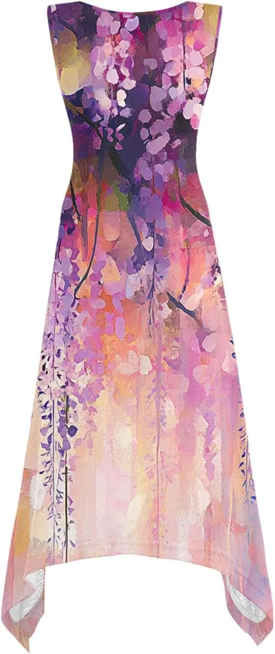 Women's Casual Dresses 2025 Summer Sleeveless Midi Sundress Flowy Ruffle Hem Swing Long Dress Beach Vacation