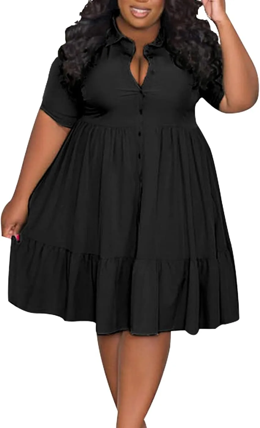 Womens Casual Dresses Short Sleeve Button Down Plus Size Midi Summer Dress