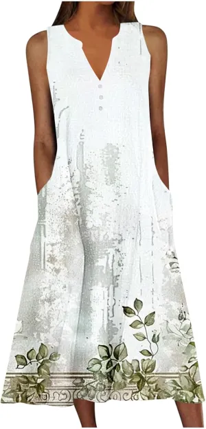 Womens Casual Floral Print Midi Dress Button V Neck Sleeveless Tank Dresses Summer Flowy Boho Beach Party Sundress