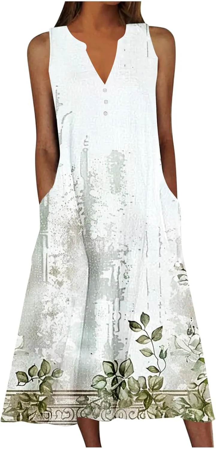 Womens Casual Floral Print Midi Dress Button V Neck Sleeveless Tank Dresses Summer Flowy Boho Beach Party Sundress