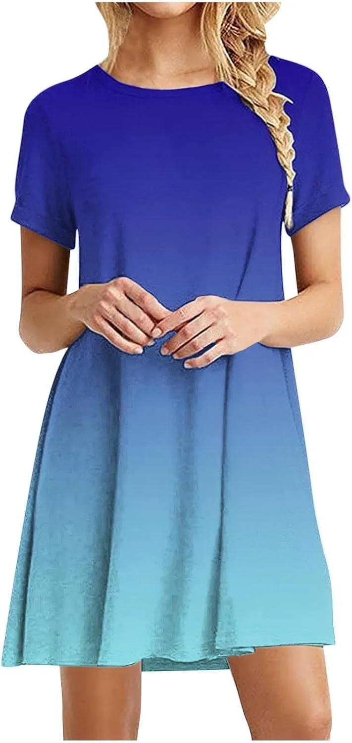 Womens Casual Short Sleeve Dress Summer Plus Size Loose Fit T-Shirt Sundress Gradient Color Swing Dresses