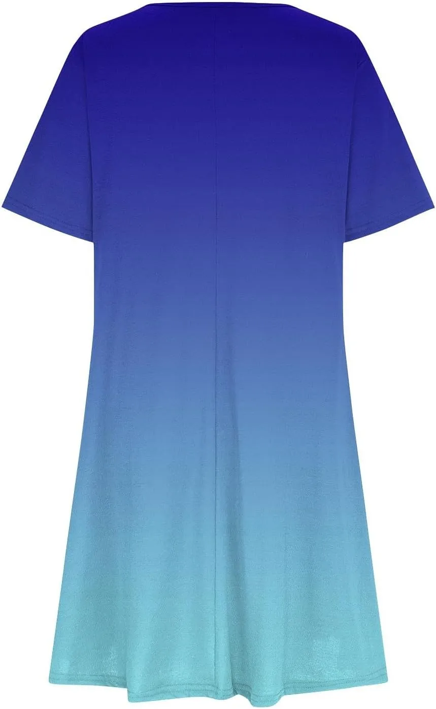 Womens Casual Short Sleeve Dress Summer Plus Size Loose Fit T-Shirt Sundress Gradient Color Swing Dresses