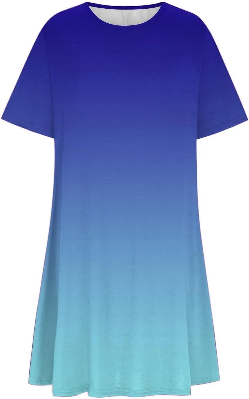 Womens Casual Short Sleeve Dress Summer Plus Size Loose Fit T-Shirt Sundress Gradient Color Swing Dresses