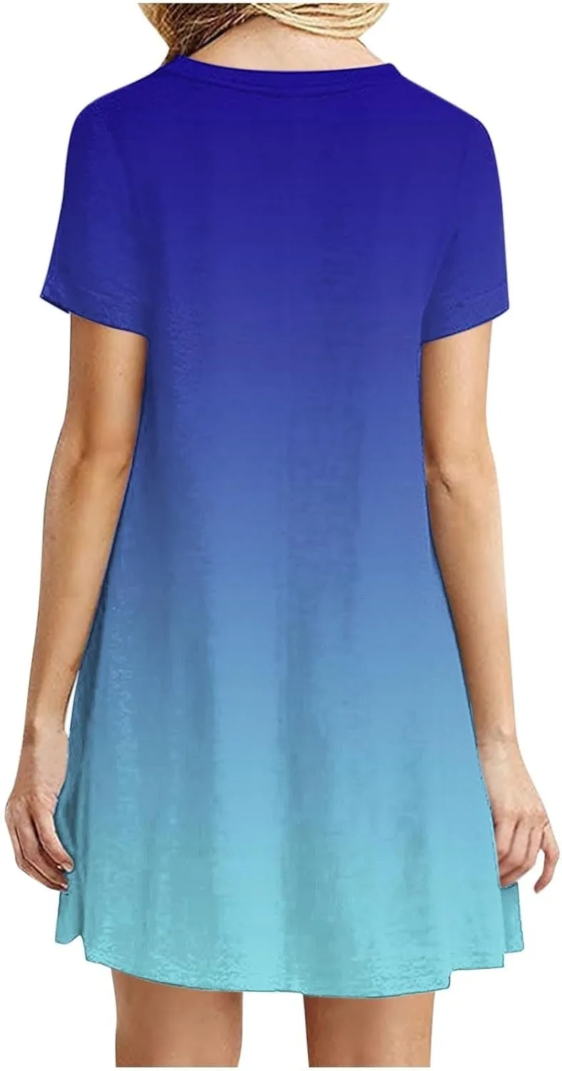 Womens Casual Short Sleeve Dress Summer Plus Size Loose Fit T-Shirt Sundress Gradient Color Swing Dresses