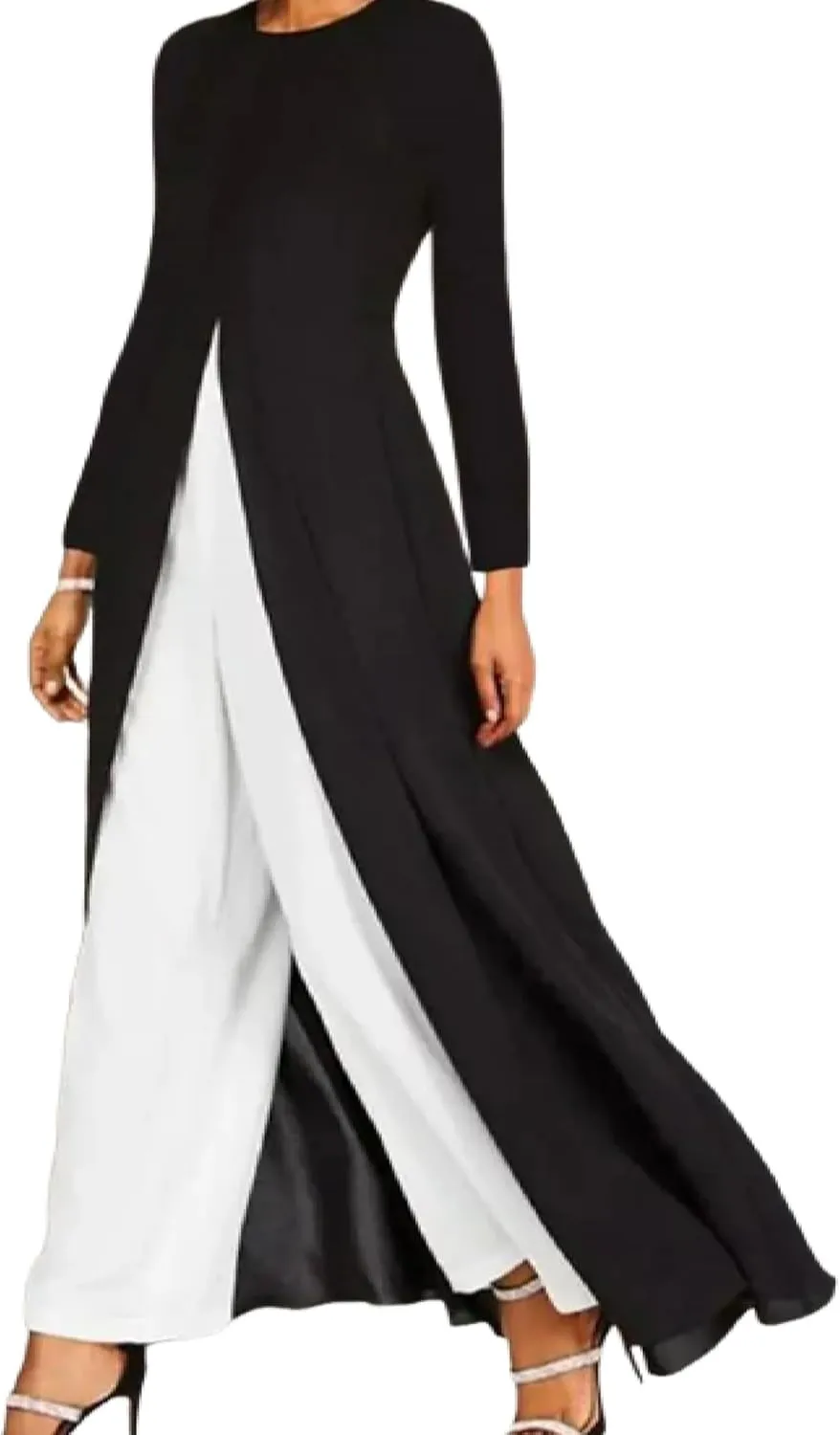 Women's Casual Suit Long Sleeve Crew Neck Split Dress and White Straight Leg Pants Two Piece Spring Summer Loose Suit