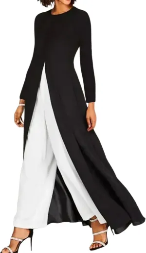 Women's Casual Suit Long Sleeve Crew Neck Split Dress and White Straight Leg Pants Two Piece Spring Summer Loose Suit
