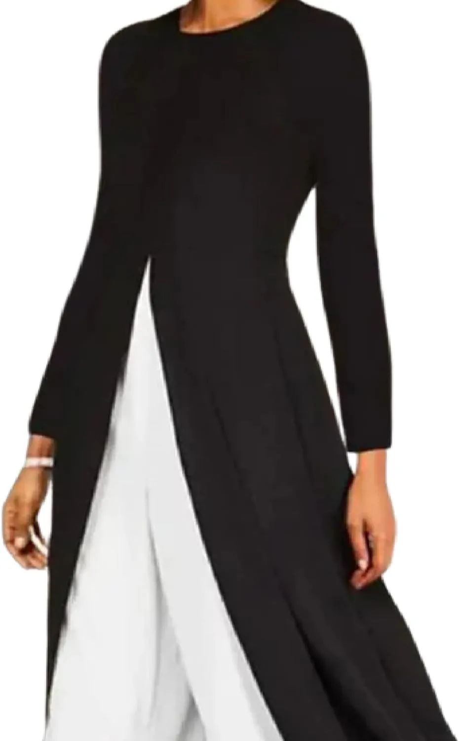 Women's Casual Suit Long Sleeve Crew Neck Split Dress and White Straight Leg Pants Two Piece Spring Summer Loose Suit