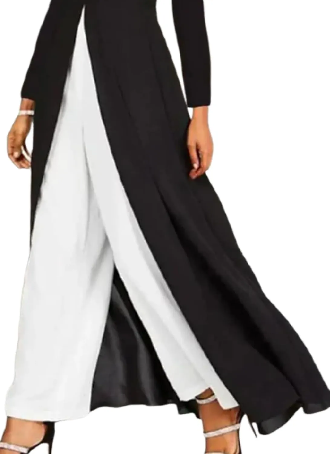 Women's Casual Suit Long Sleeve Crew Neck Split Dress and White Straight Leg Pants Two Piece Spring Summer Loose Suit