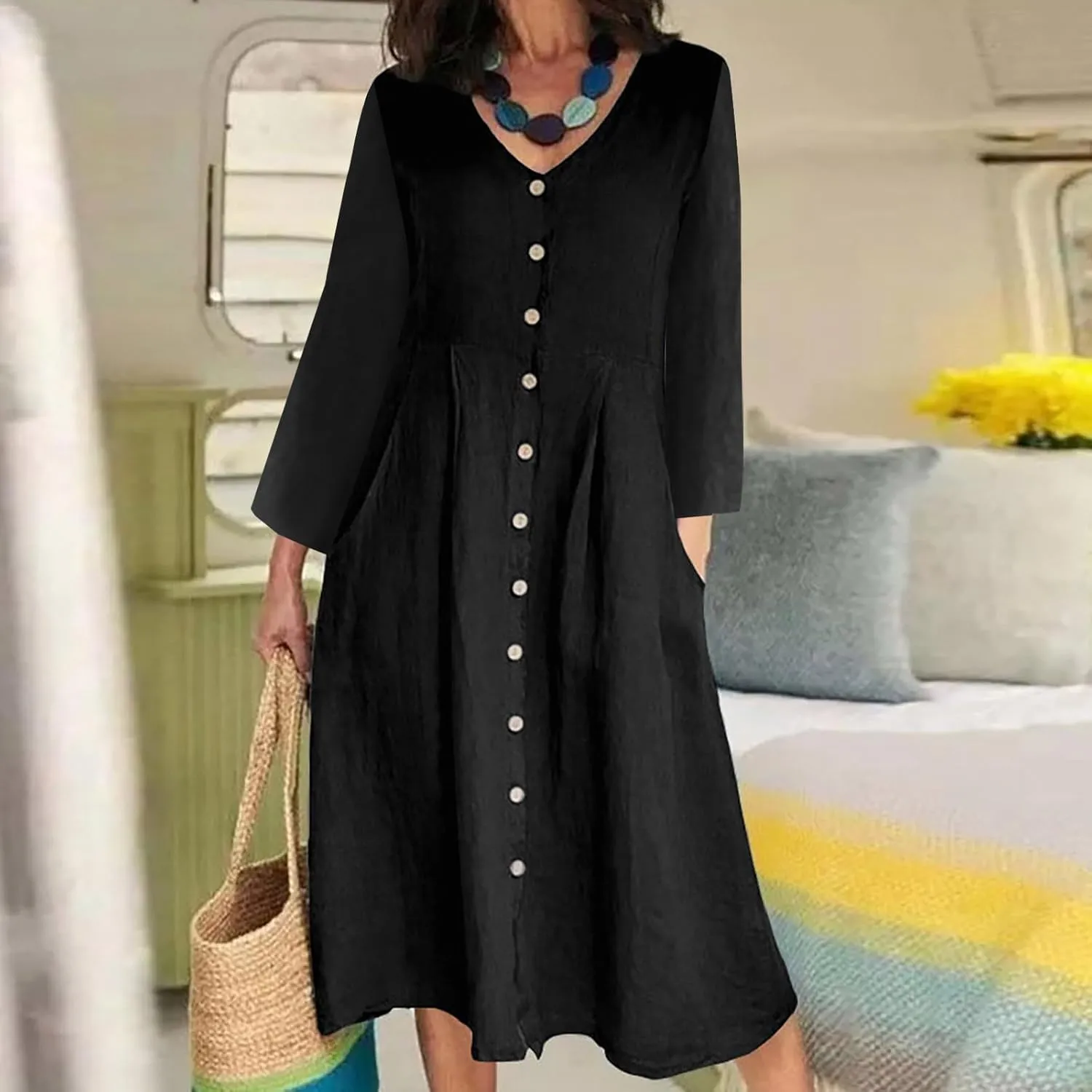 Women's Casual V Neck Button Down Cotton Linen Dress Long Sleeve Midi Length Loose Summer Beach Dresses with Pockets