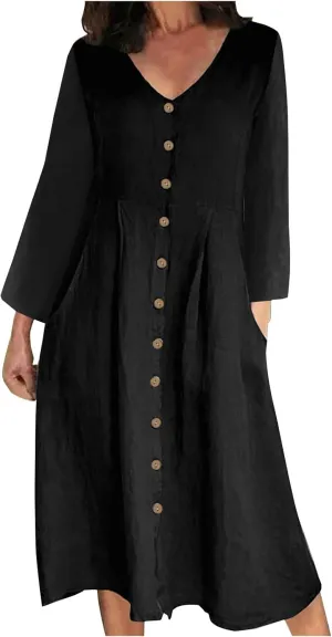 Women's Casual V Neck Button Down Cotton Linen Dress Long Sleeve Midi Length Loose Summer Beach Dresses with Pockets