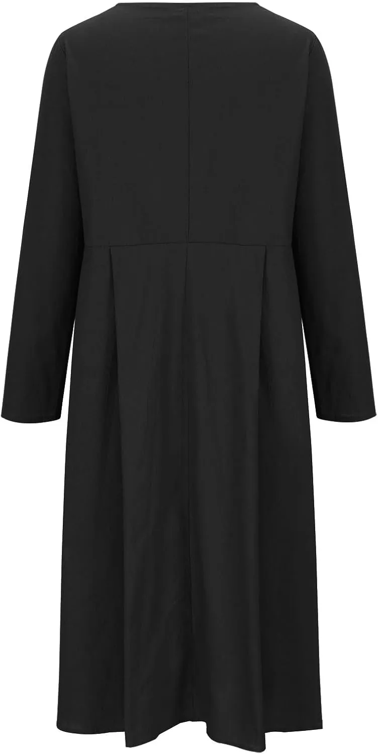Women's Casual V Neck Button Down Cotton Linen Dress Long Sleeve Midi Length Loose Summer Beach Dresses with Pockets