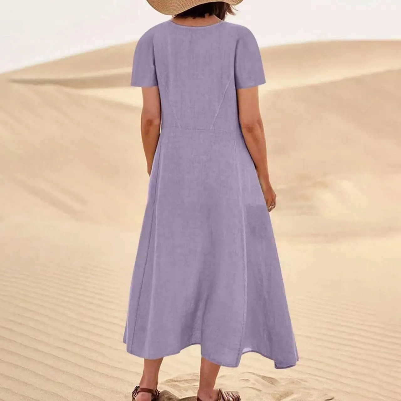 Women's Cotton Linen Dress Plus Size Round Neck Short Sleeve Solid Color Dresses with Pocket Flowy Casual Midi Dress