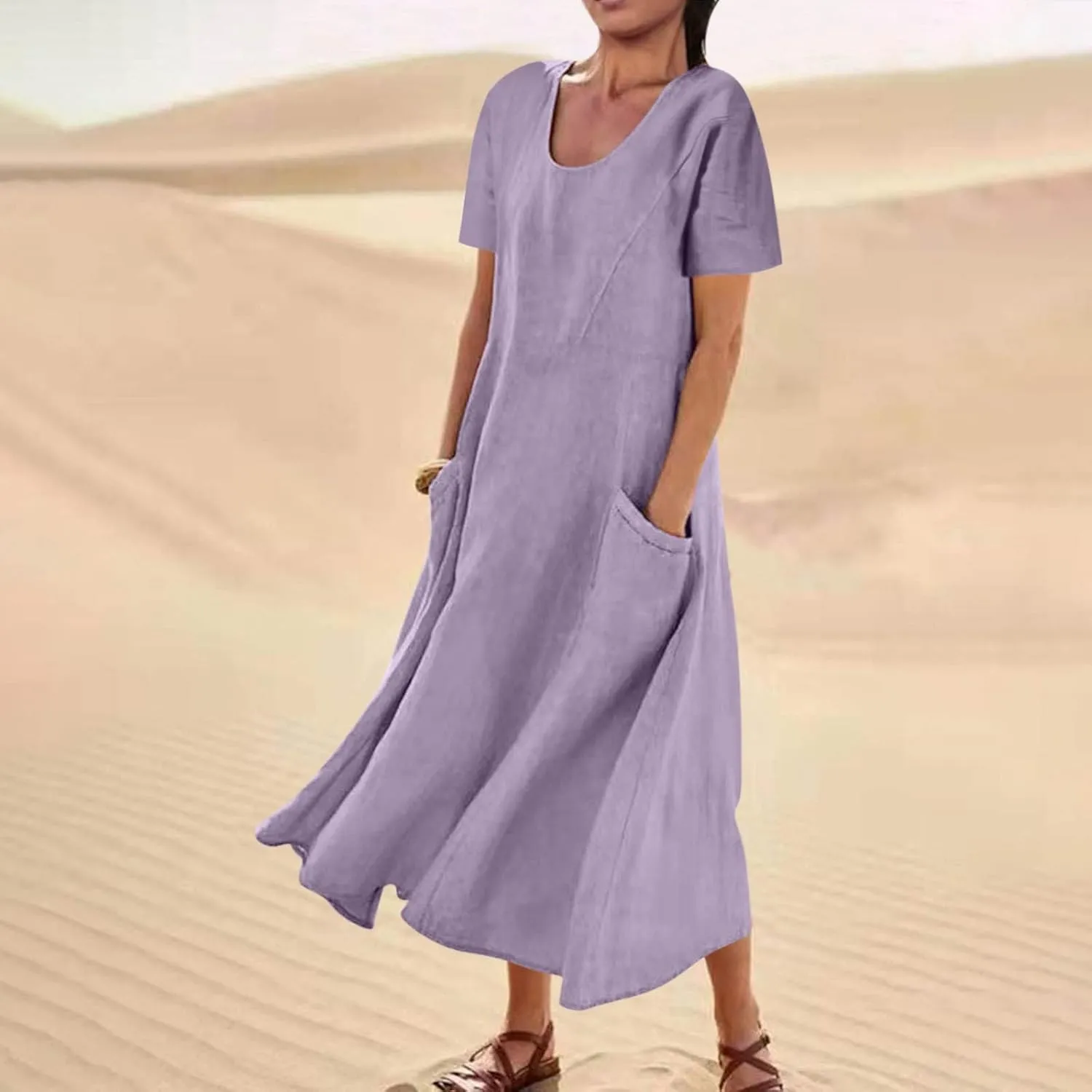 Women's Cotton Linen Dress Plus Size Round Neck Short Sleeve Solid Color Dresses with Pocket Flowy Casual Midi Dress