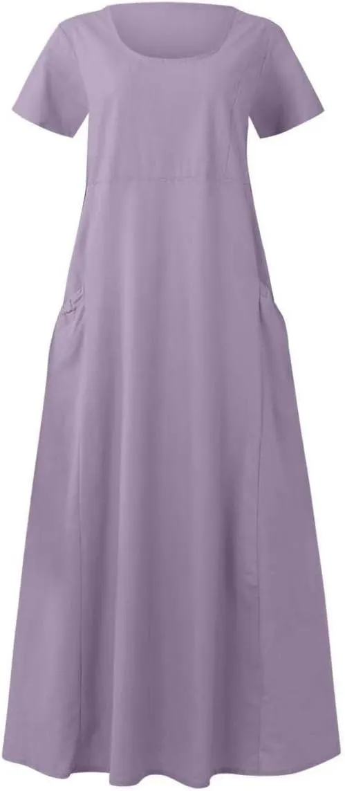 Women's Cotton Linen Dress Plus Size Round Neck Short Sleeve Solid Color Dresses with Pocket Flowy Casual Midi Dress