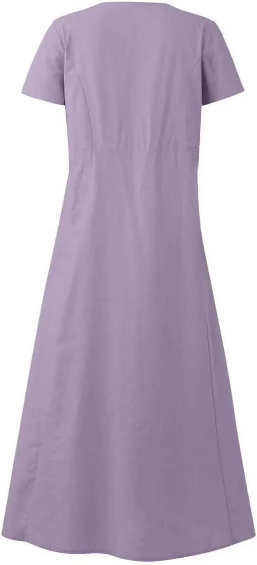 Women's Cotton Linen Dress Plus Size Round Neck Short Sleeve Solid Color Dresses with Pocket Flowy Casual Midi Dress