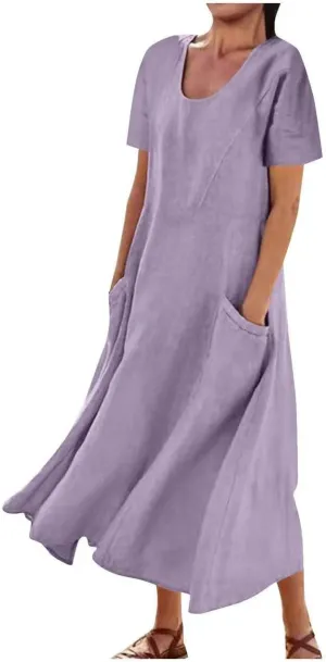 Women's Cotton Linen Dress Plus Size Round Neck Short Sleeve Solid Color Dresses with Pocket Flowy Casual Midi Dress