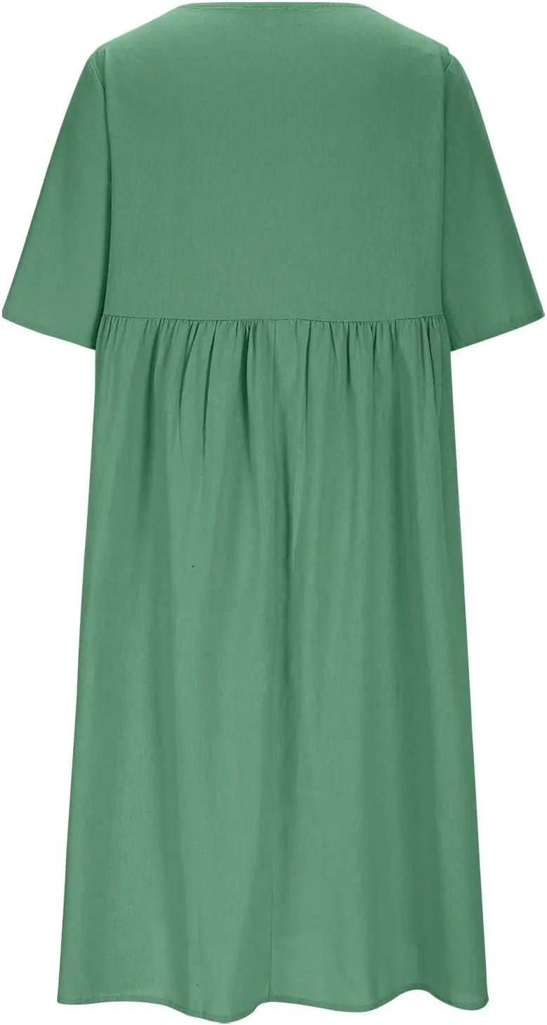 Womens Cotton Linen Midi Dress Short Sleeve Button Crewneck Dresses Summer Loose Pleated Dress Solid Travel Clothing