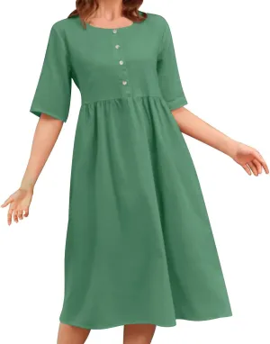 Womens Cotton Linen Midi Dress Short Sleeve Button Crewneck Dresses Summer Loose Pleated Dress Solid Travel Clothing