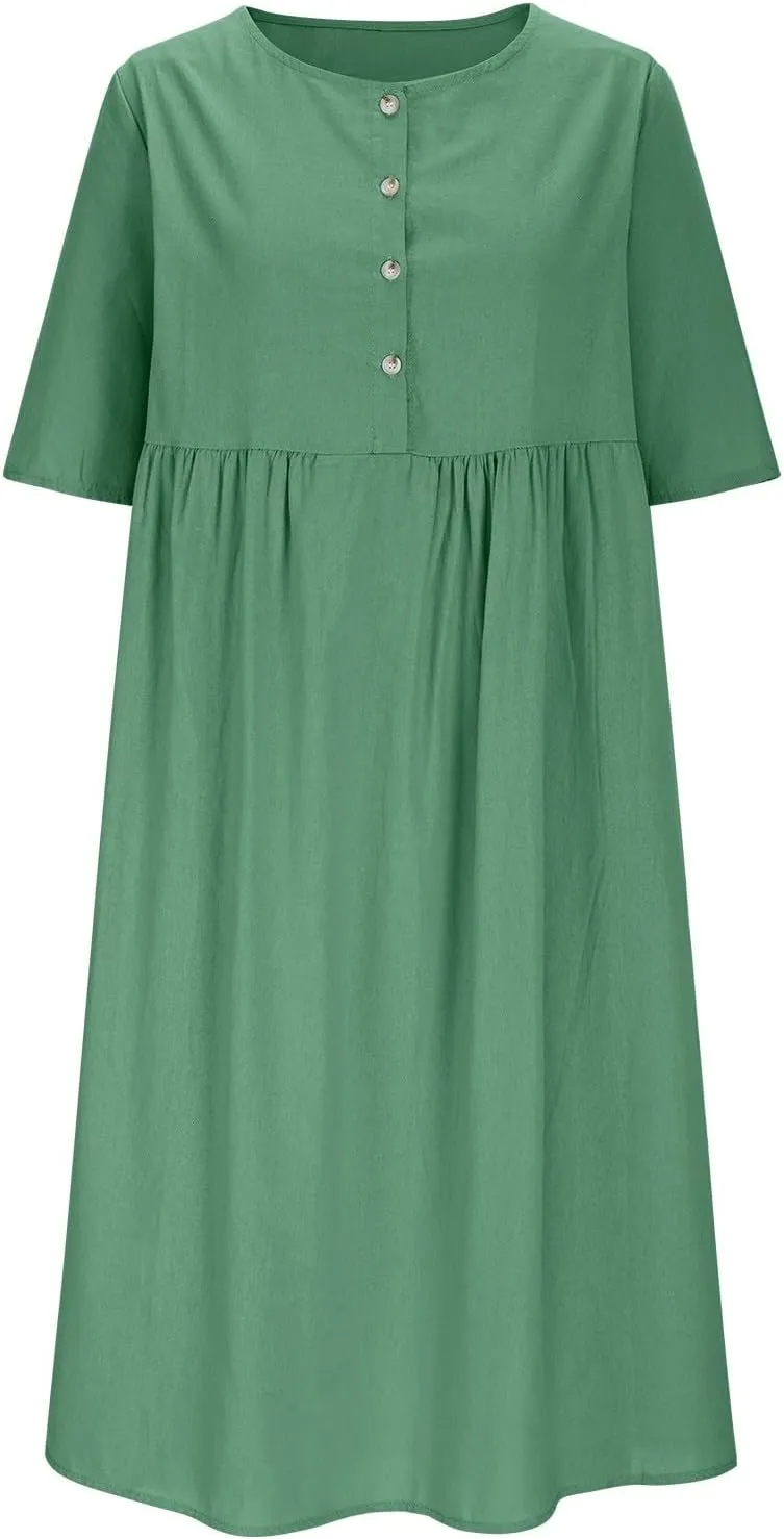 Womens Cotton Linen Midi Dress Short Sleeve Button Crewneck Dresses Summer Loose Pleated Dress Solid Travel Clothing