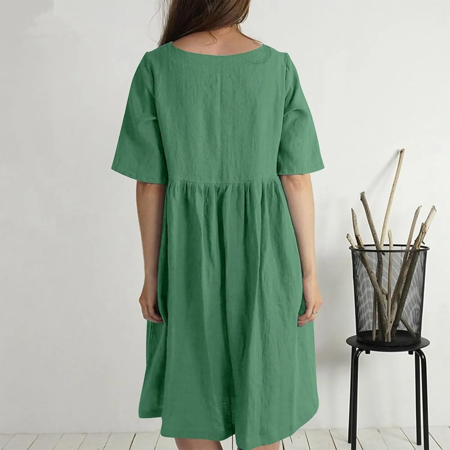 Womens Cotton Linen Midi Dress Short Sleeve Button Crewneck Dresses Summer Loose Pleated Dress Solid Travel Clothing