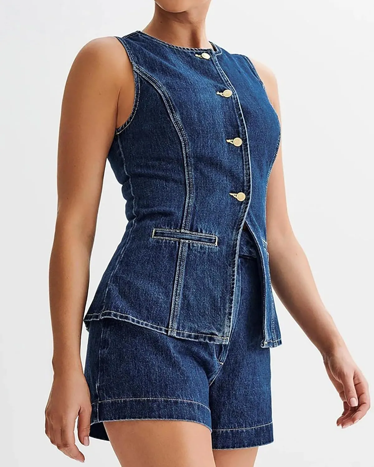 Women's Denim 2 Piece Set Sleeveless Button Down Denim Blazer Vest Tops and High Waist Short Casual Waistcoat Jean Vest Set