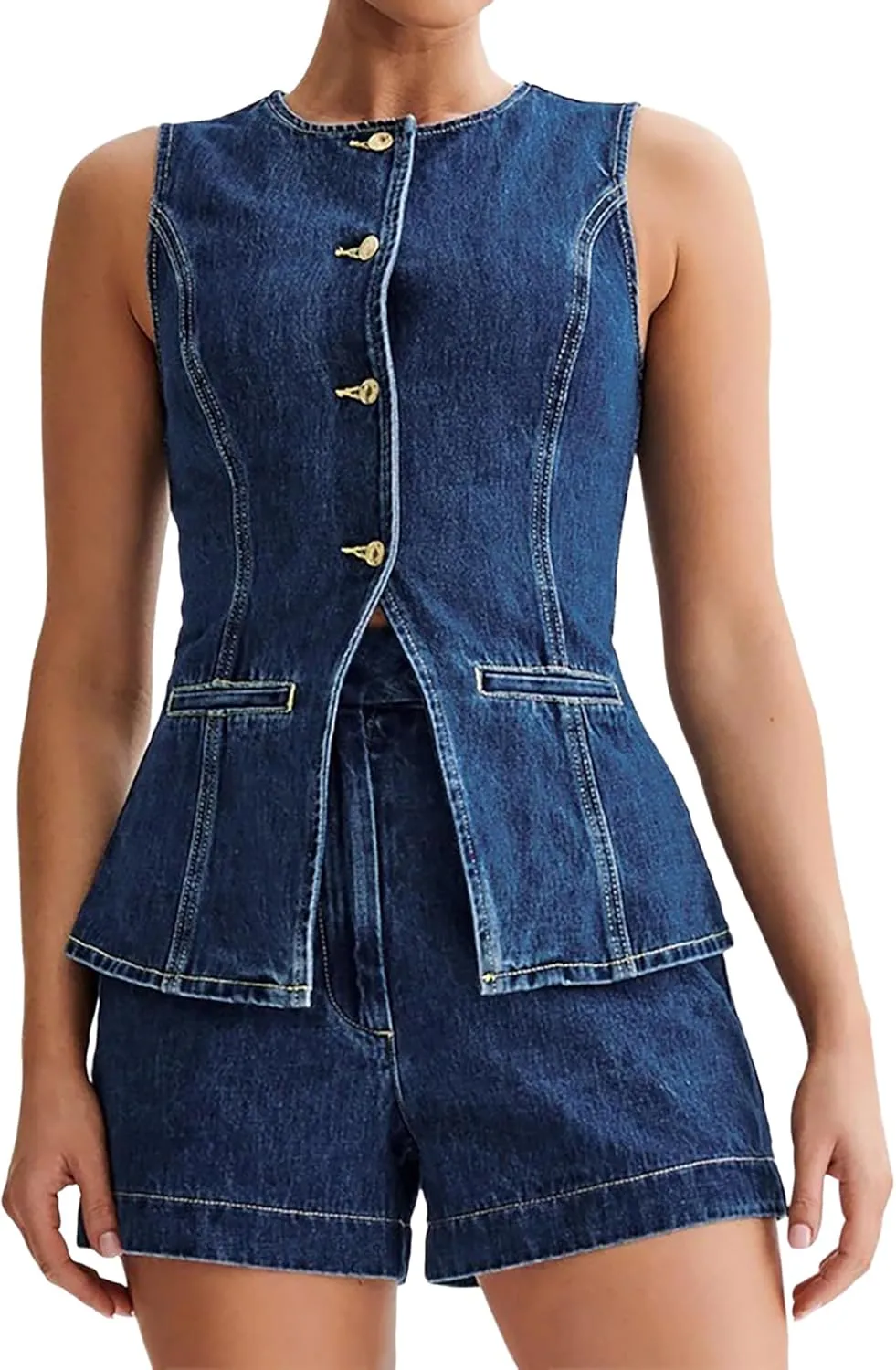 Women's Denim 2 Piece Set Sleeveless Button Down Denim Blazer Vest Tops and High Waist Short Casual Waistcoat Jean Vest Set