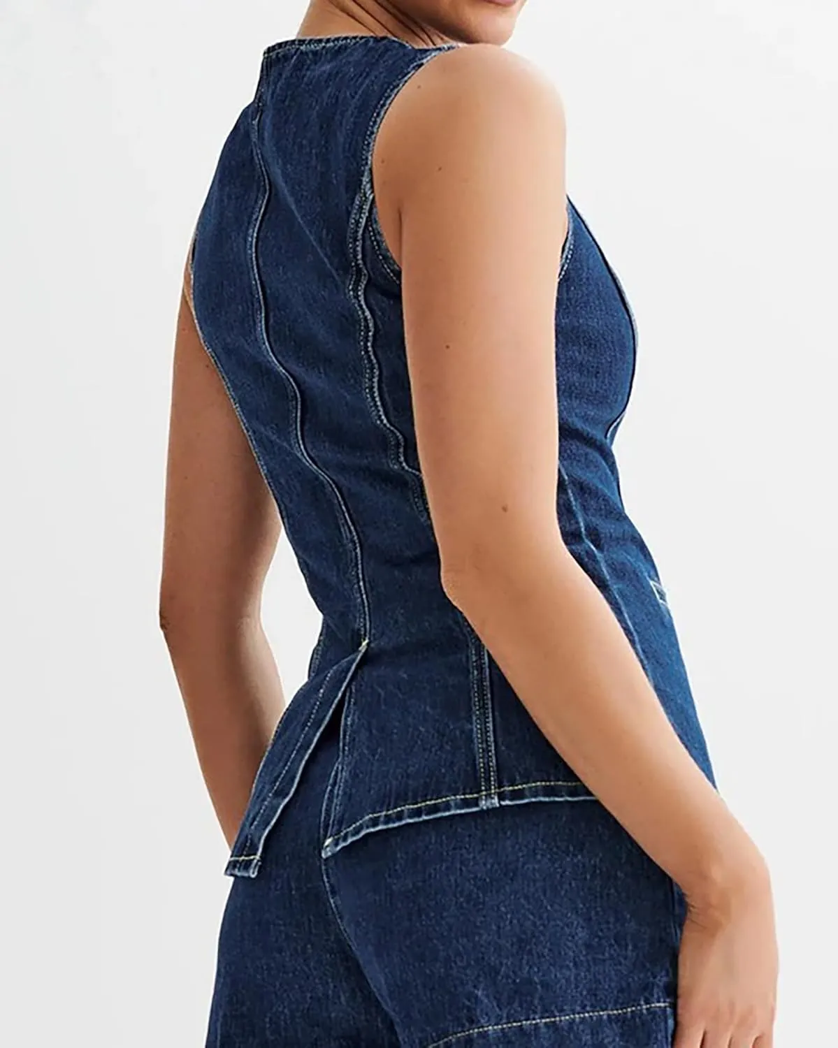 Women's Denim 2 Piece Set Sleeveless Button Down Denim Blazer Vest Tops and High Waist Short Casual Waistcoat Jean Vest Set