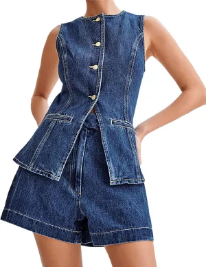 Women's Denim 2 Piece Set Sleeveless Button Down Denim Blazer Vest Tops and High Waist Short Casual Waistcoat Jean Vest Set