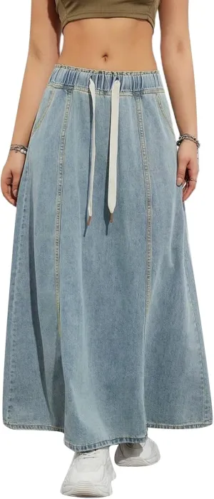 Women's Denim Long Skirts Elastic Drawstring High Waist A Line Flare Paperbag Jean Skirt Long Maxi Denim Skirt Summer Casual