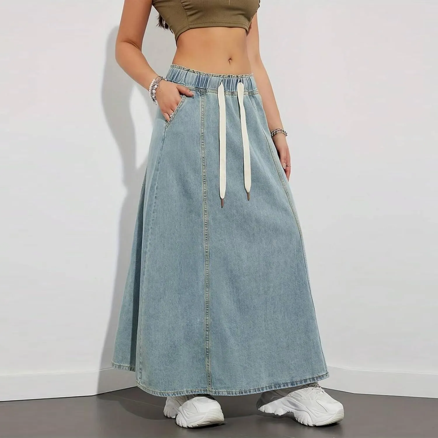 Women's Denim Long Skirts Elastic Drawstring High Waist A Line Flare Paperbag Jean Skirt Long Maxi Denim Skirt Summer Casual