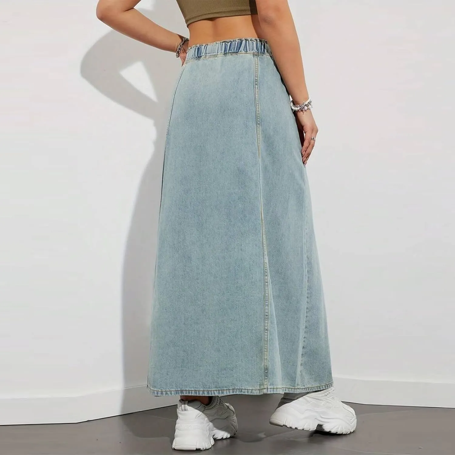 Women's Denim Long Skirts Elastic Drawstring High Waist A Line Flare Paperbag Jean Skirt Long Maxi Denim Skirt Summer Casual