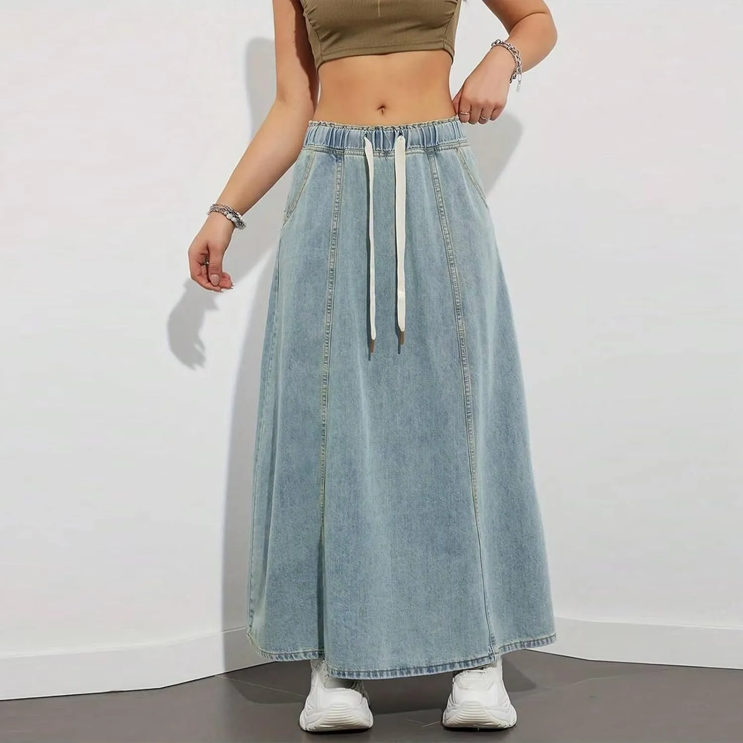 Women's Denim Long Skirts Elastic Drawstring High Waist A Line Flare Paperbag Jean Skirt Long Maxi Denim Skirt Summer Casual