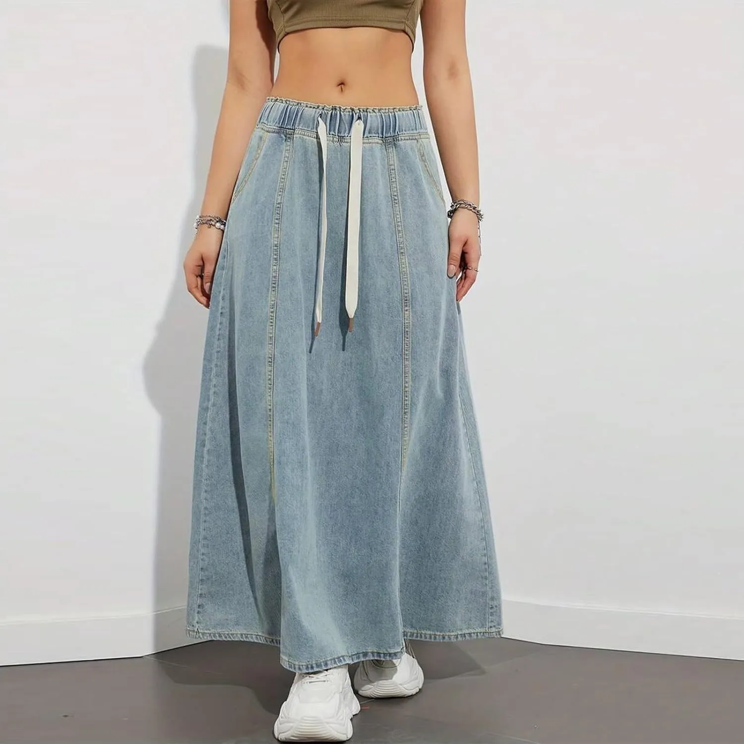 Women's Denim Long Skirts Elastic Drawstring High Waist A Line Flare Paperbag Jean Skirt Long Maxi Denim Skirt Summer Casual