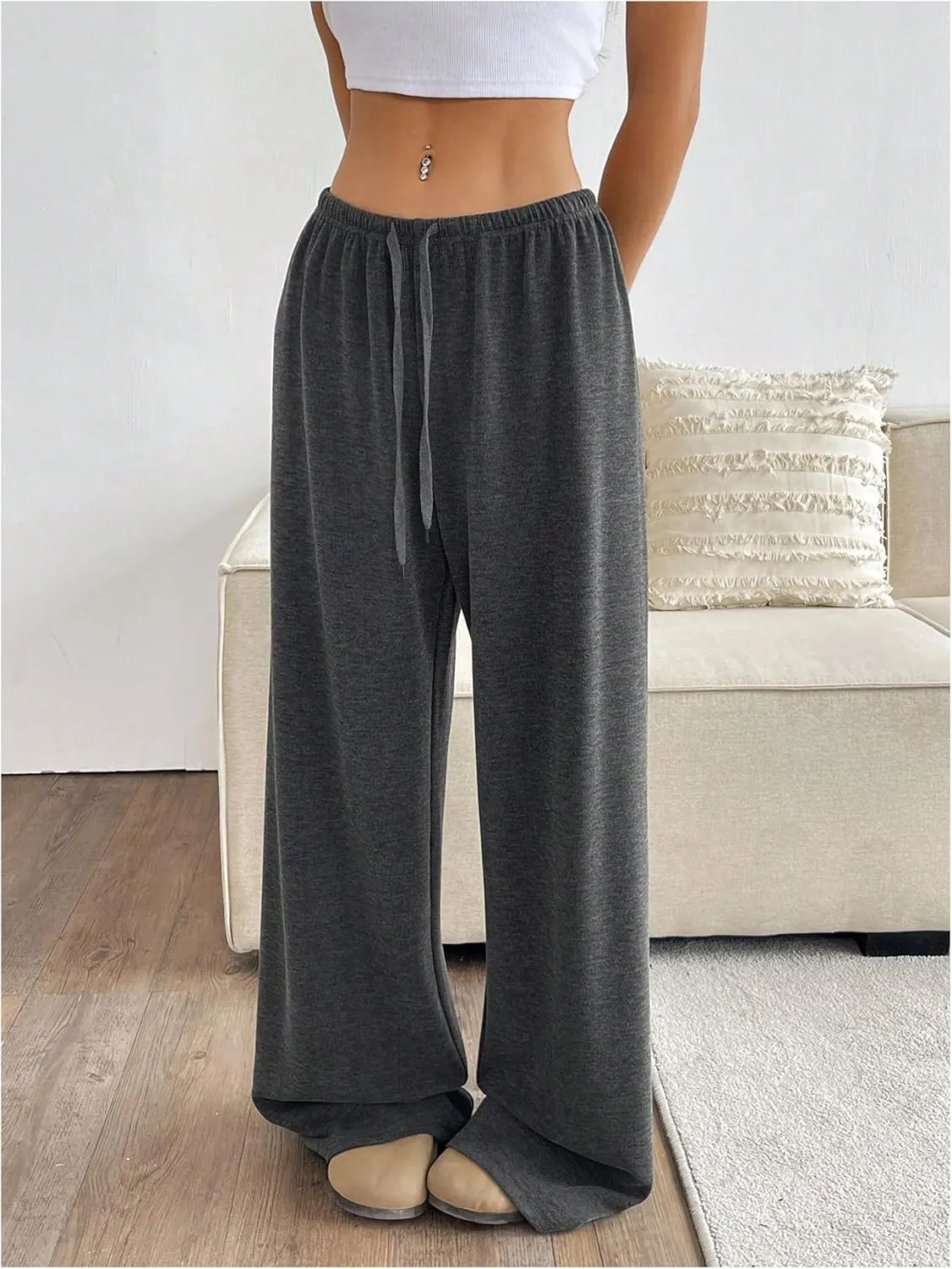 Women's Drawstring Waist Straight Streetwear Wide Leg Sweatpants Casual Loose Baggy Workout Long Summer Pants