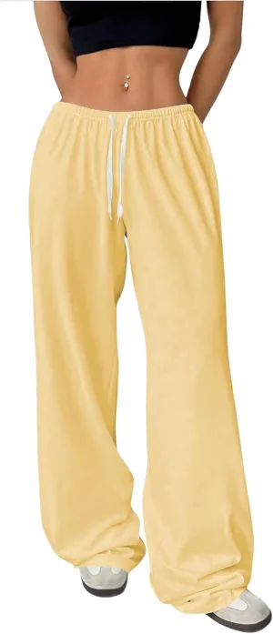 Women's Drawstring Waist Straight Streetwear Wide Leg Sweatpants Casual Loose Baggy Workout Long Summer Pants