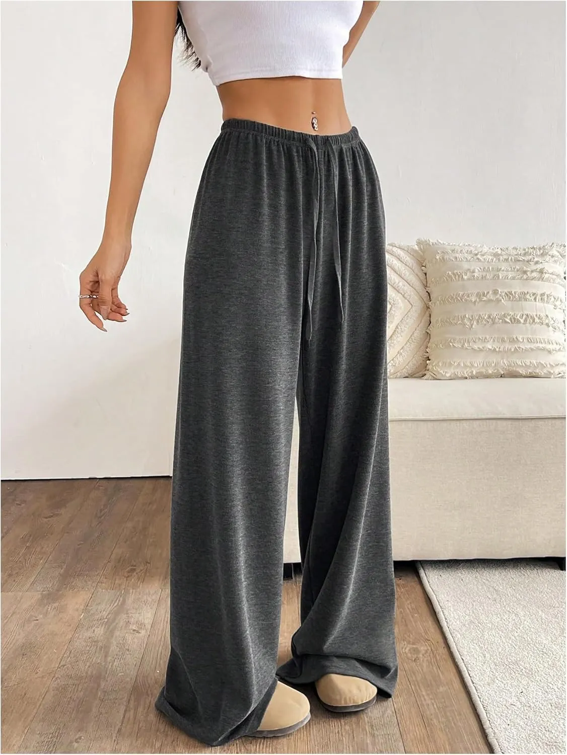 Women's Drawstring Waist Straight Streetwear Wide Leg Sweatpants Casual Loose Baggy Workout Long Summer Pants