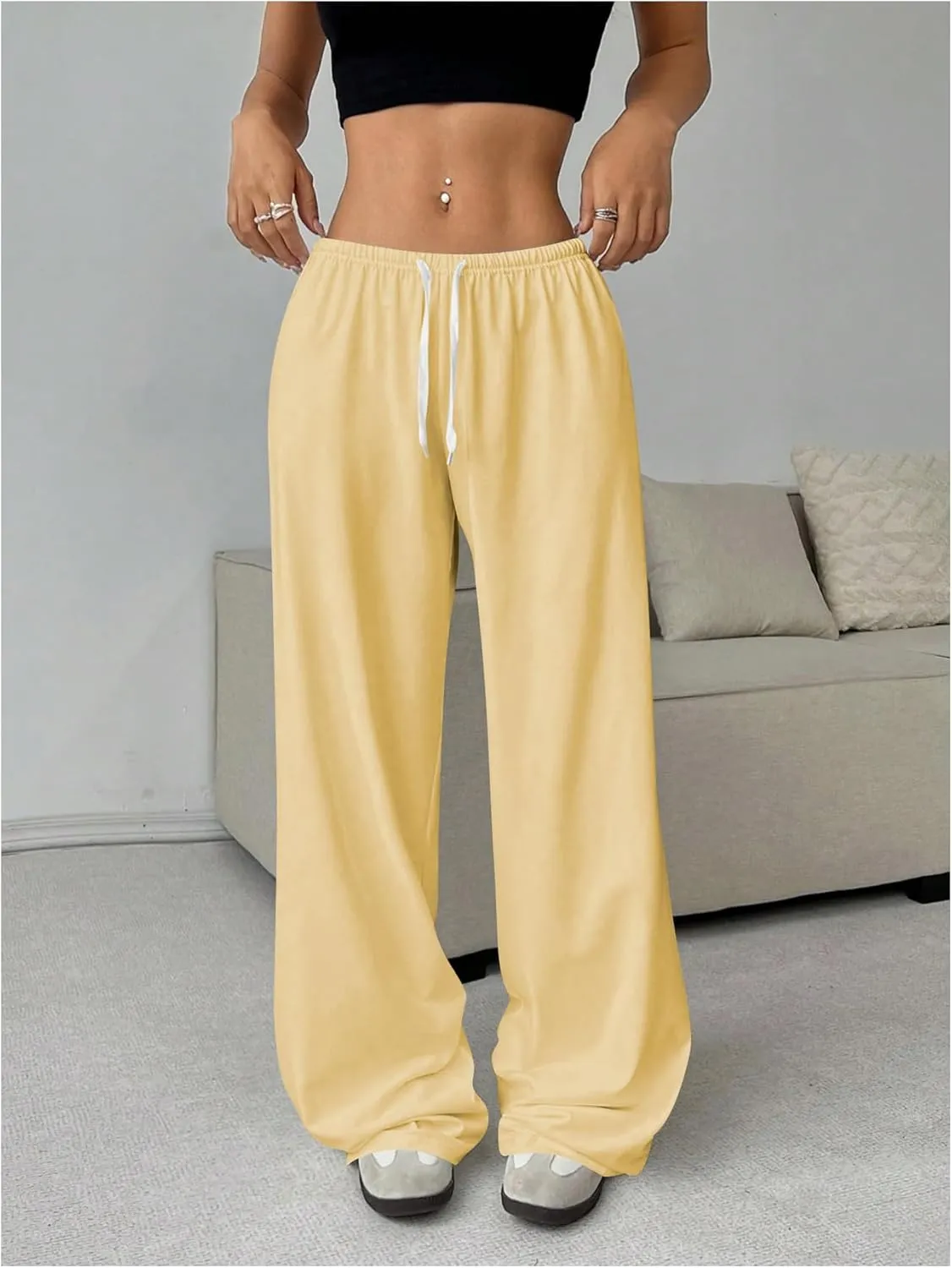 Women's Drawstring Waist Straight Streetwear Wide Leg Sweatpants Casual Loose Baggy Workout Long Summer Pants