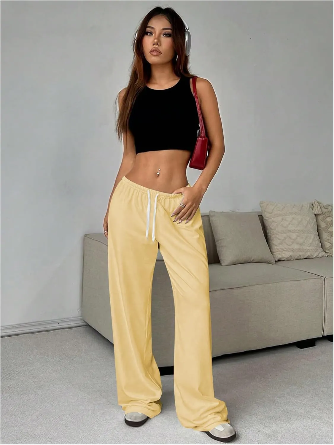 Women's Drawstring Waist Straight Streetwear Wide Leg Sweatpants Casual Loose Baggy Workout Long Summer Pants