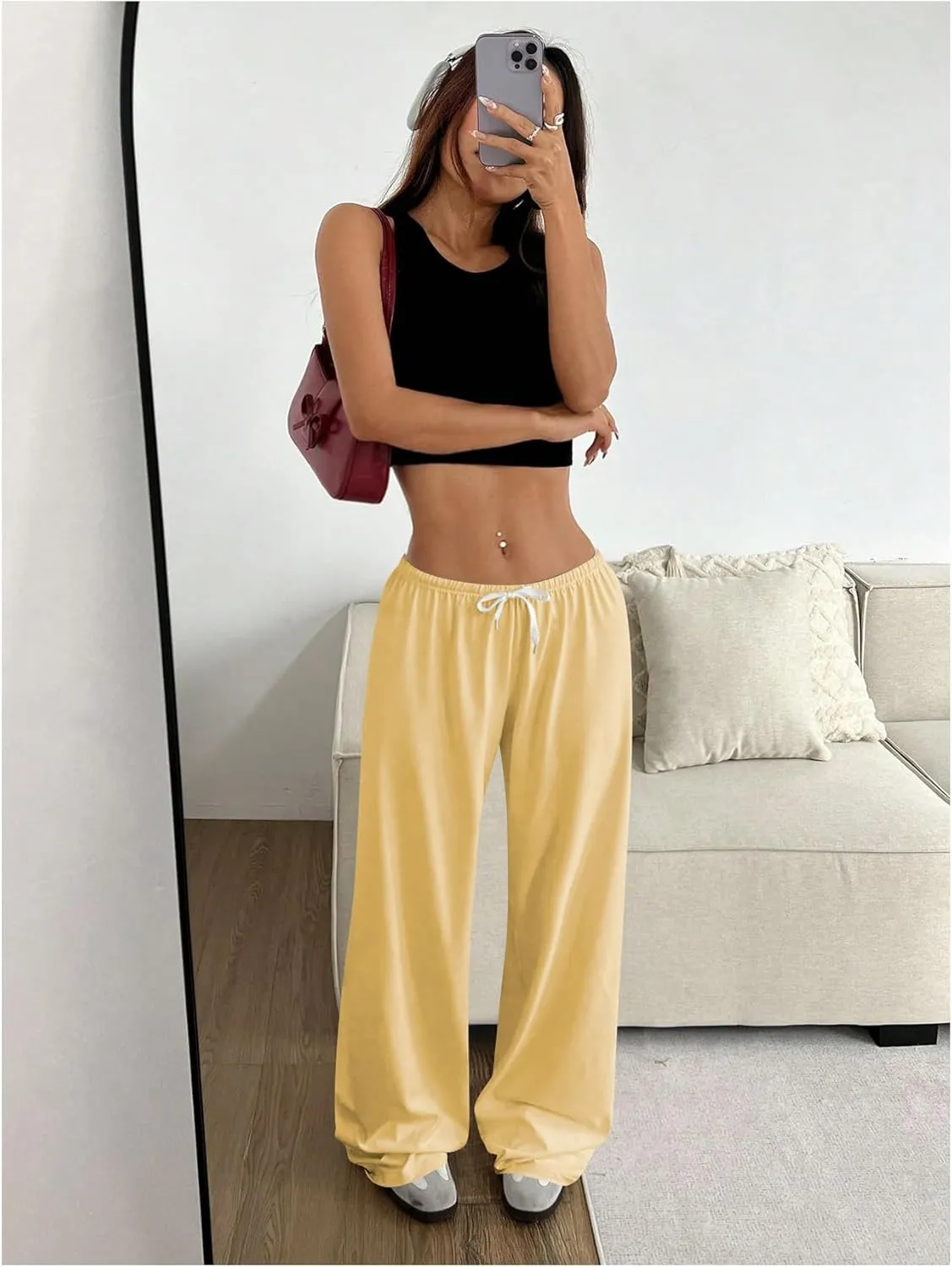 Women's Drawstring Waist Straight Streetwear Wide Leg Sweatpants Casual Loose Baggy Workout Long Summer Pants