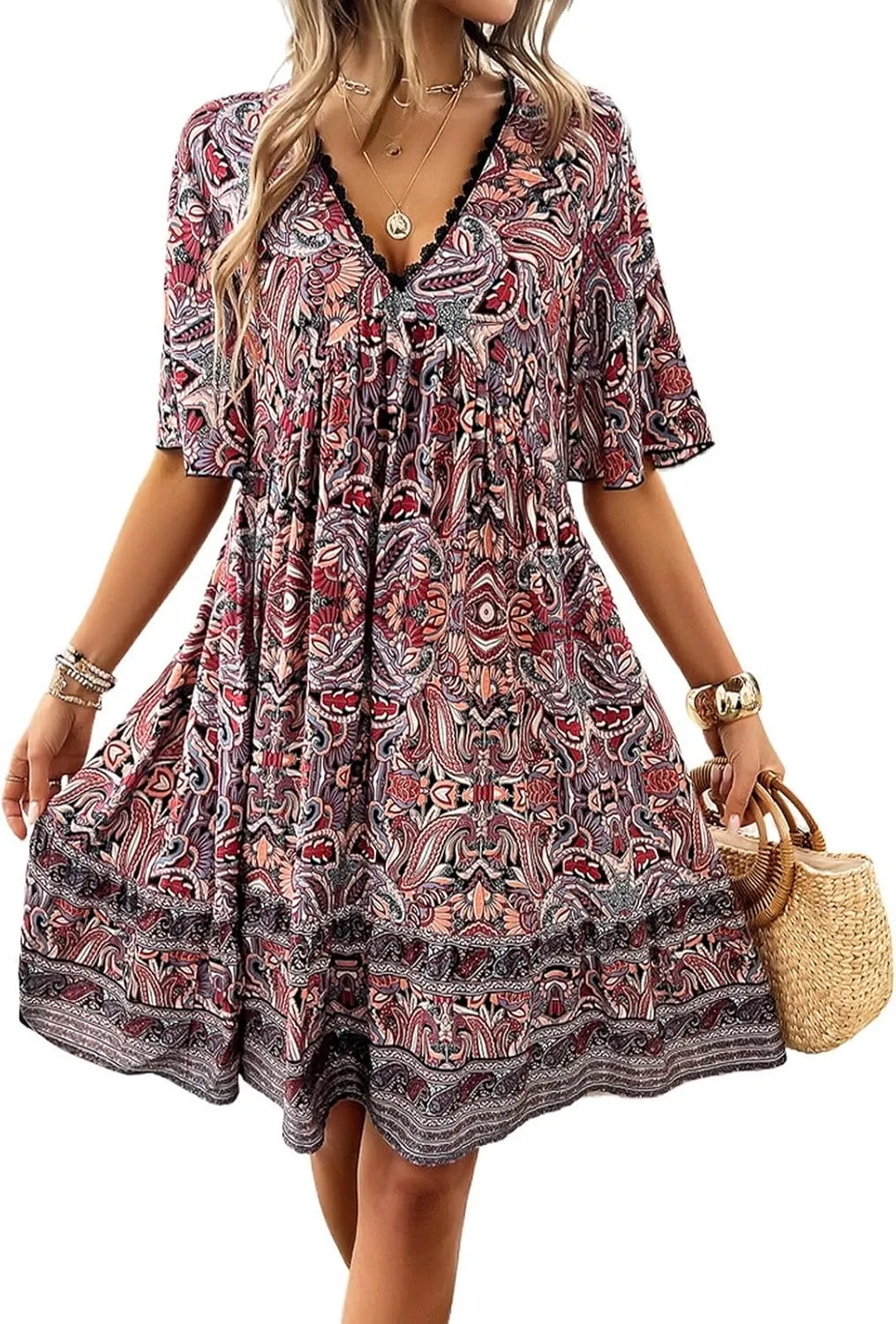 Women's Dress Casual Boho Deep V Neck Short Sleeve Ruffle Floral Printed Summer Beach Loose Flowy Mini Sundresses