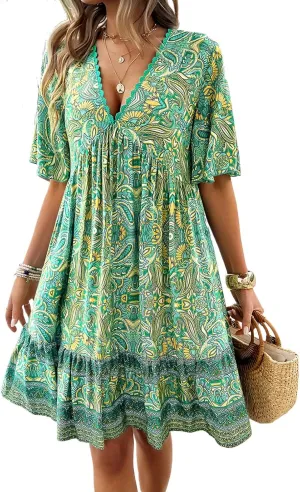 Women's Dress Casual Boho Deep V Neck Short Sleeve Ruffle Floral Printed Summer Beach Loose Flowy Mini Sundresses