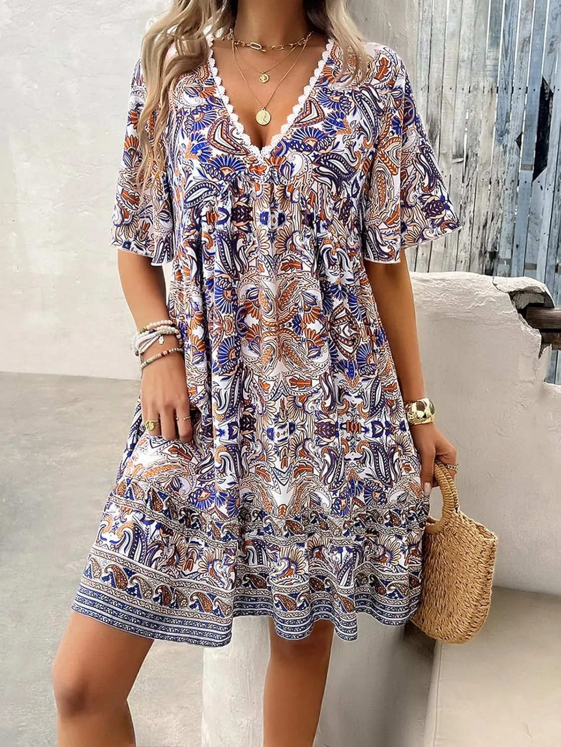 Women's Dress Casual Boho Deep V Neck Short Sleeve Ruffle Floral Printed Summer Beach Loose Flowy Mini Sundresses