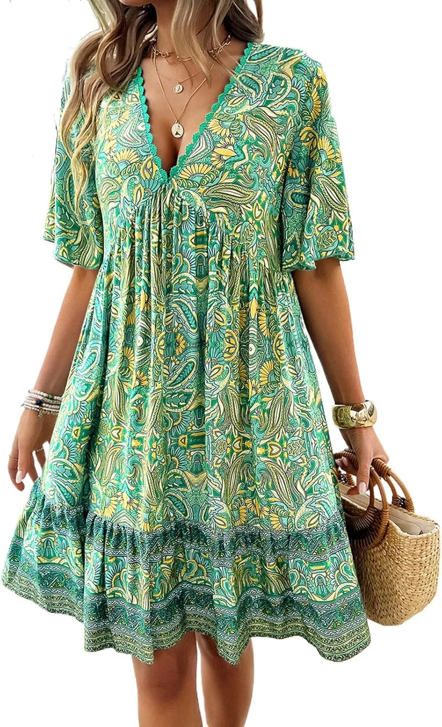 Women's Dress Casual Boho Deep V Neck Short Sleeve Ruffle Floral Printed Summer Beach Loose Flowy Mini Sundresses