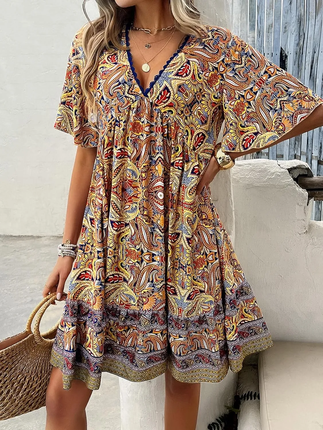 Women's Dress Casual Boho Deep V Neck Short Sleeve Ruffle Floral Printed Summer Beach Loose Flowy Mini Sundresses