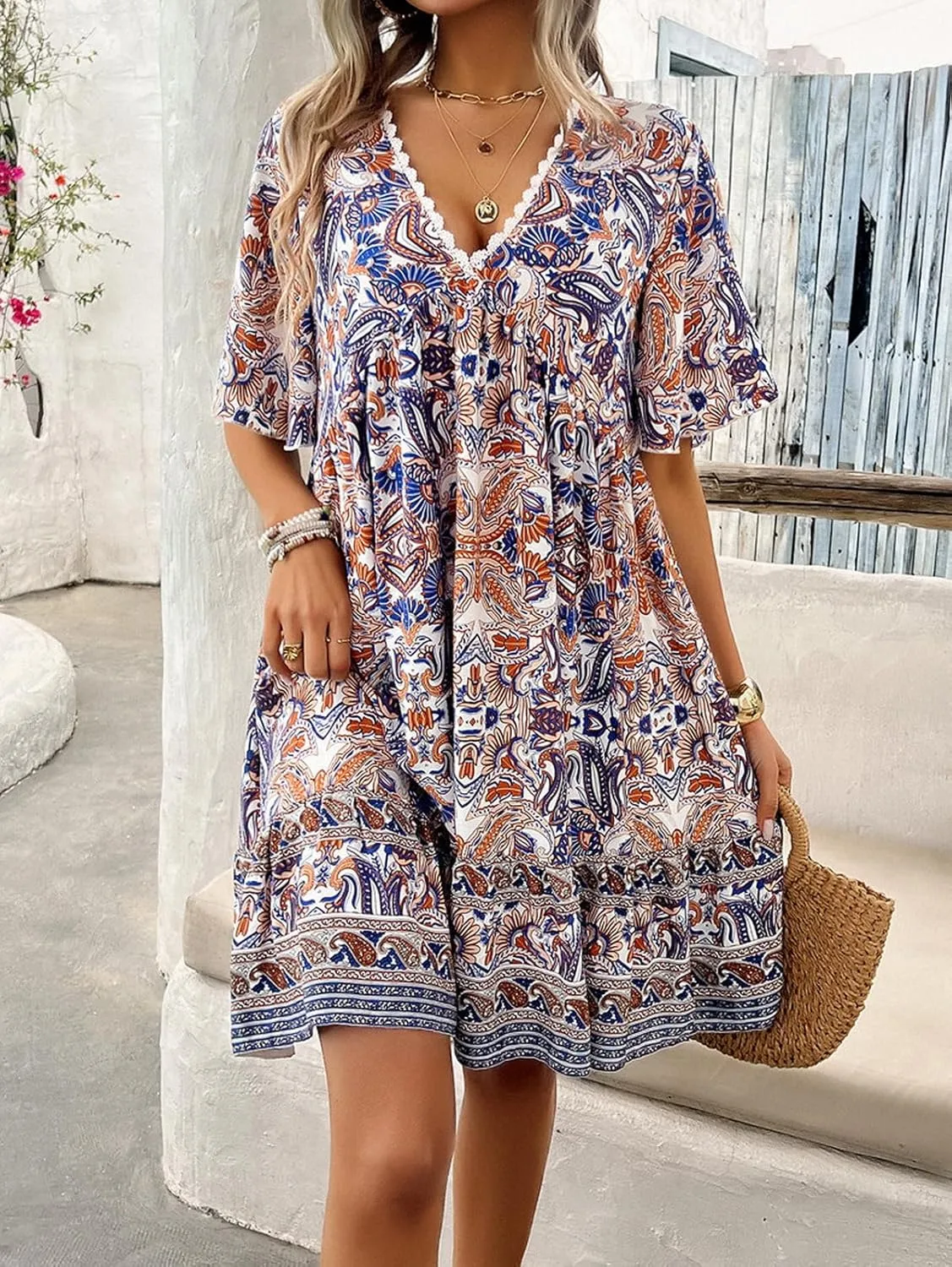 Women's Dress Casual Boho Deep V Neck Short Sleeve Ruffle Floral Printed Summer Beach Loose Flowy Mini Sundresses