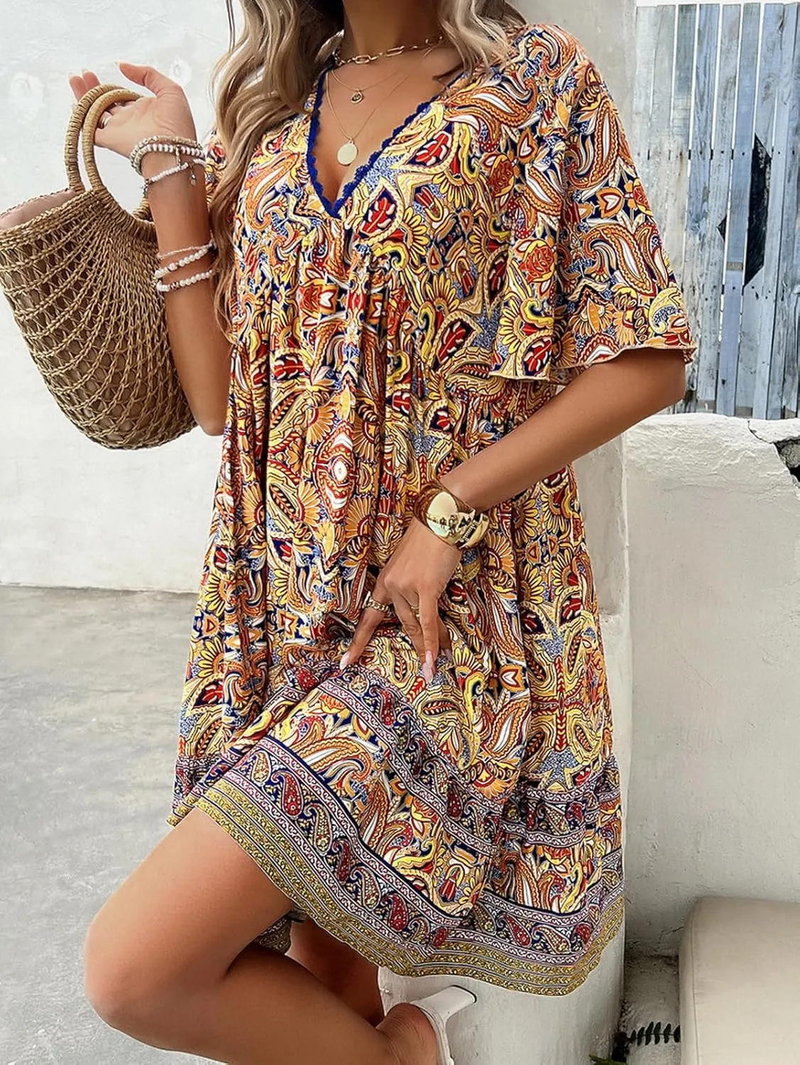 Women's Dress Casual Boho Deep V Neck Short Sleeve Ruffle Floral Printed Summer Beach Loose Flowy Mini Sundresses